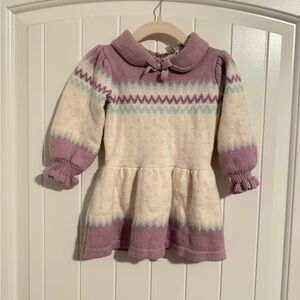 Janie & Jack Purple and Cream Knit Fair Isle Bow Baby Dress size 12-18 months